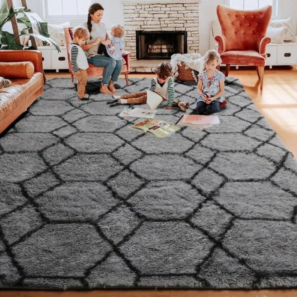 New 5x8 Grey Black Area Rug, Soft Shaggy Geometric Carpet for Home & Room Decor